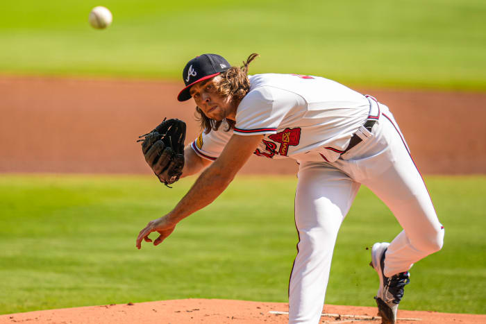 Oct 1, 2023; Cumberland, Georgia, USA; Atlanta Braves starting pitcher Dylan Dodd (46) pitches against the Washington Nationals during the first inning at Truist Park.